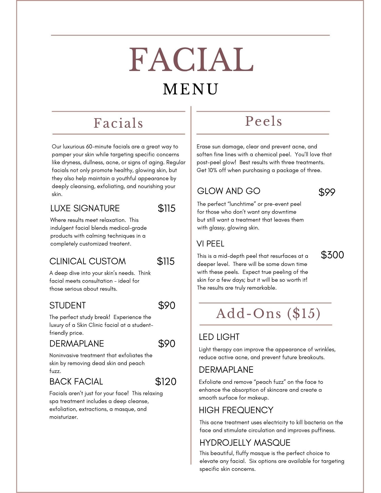 Skin Clinic Menus